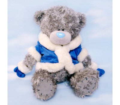 Мишка Тедди в голубой шубке с капюшоном